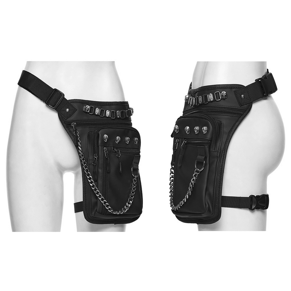 Stylish gothic skull waist and leg bag with chains and pockets for punk fashion lovers.