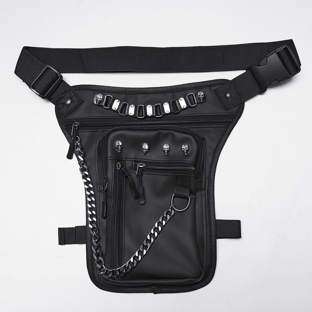 Gothic skull waist and leg bag featuring chains, multiple pockets, and a sleek black design for a bold fashion statement.