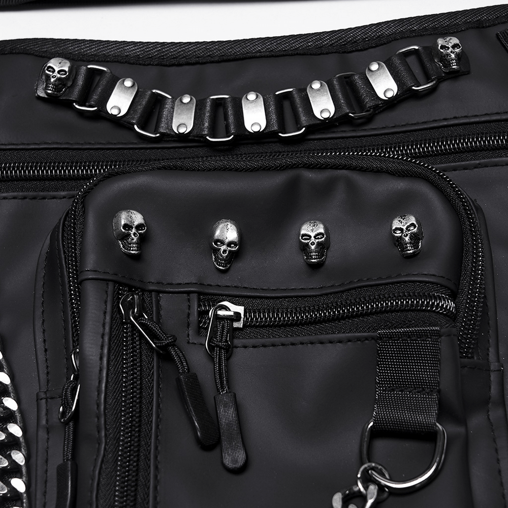 Gothic skull waist and leg bag featuring decorative chains and multiple pockets for stylish storage.