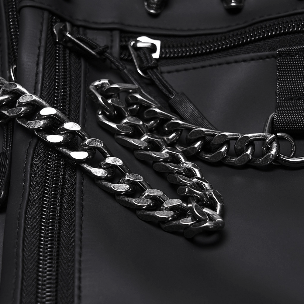 Close-up of chains and zippers on a Gothic skull waist and leg bag, showcasing its edgy design.