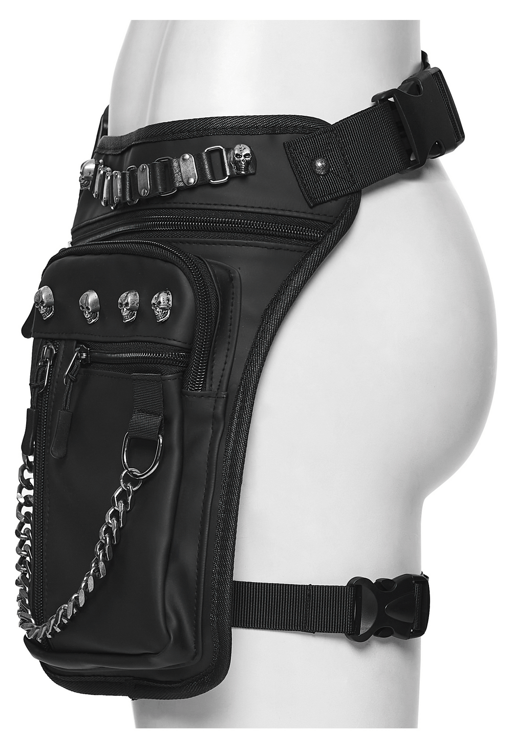 Gothic skull waist and leg bag featuring chains, pockets, and edgy design for a stylish look.