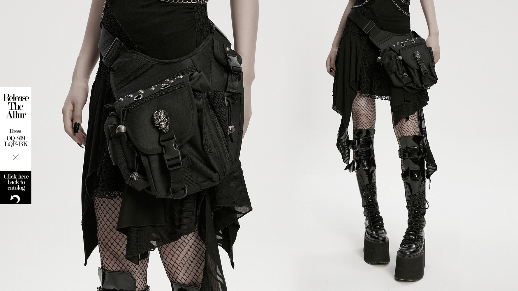 Gothic skull waist-leg bag with rivets worn by model, showcasing punk style and multiple functional pockets.