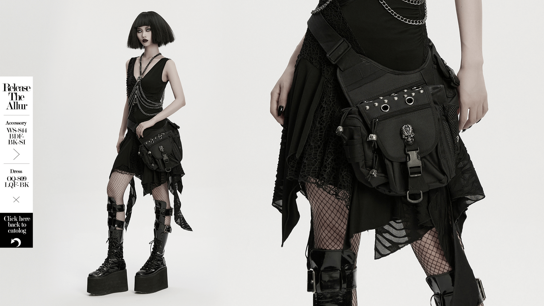 Gothic skull waist-leg bag with rivets, paired with punk outfit for a rebellious aesthetic.