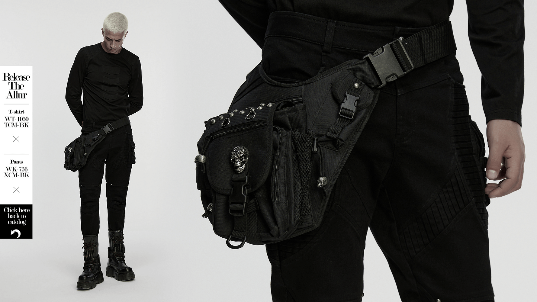 Gothic skull waist-leg bag with rivet detailing worn by model, showcasing punk techwear style.