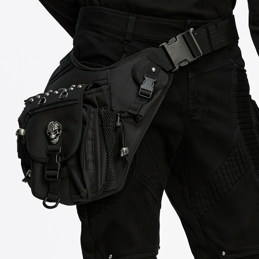 Gothic skull waist bag with rivets, perfect for punk and techwear styles, adjustable for unique wear.