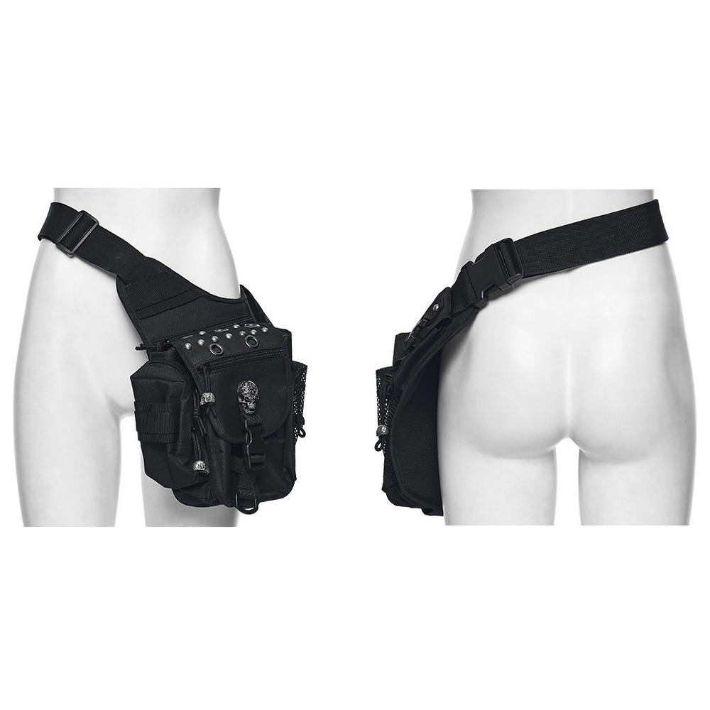 Gothic skull waist and leg bag with rivet detailing, perfect for punk and alternative styles.