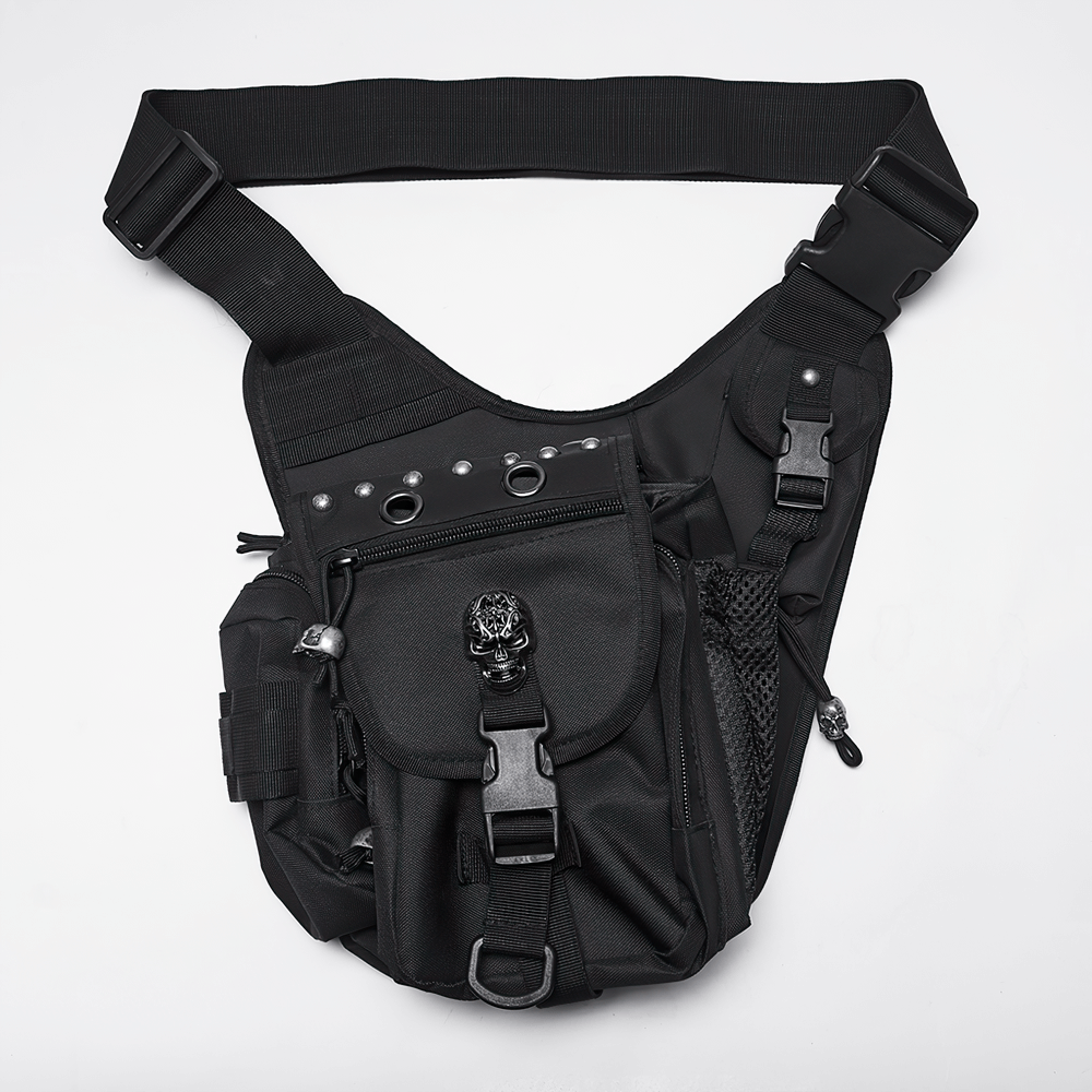 Gothic skull waist-leg bag in black with rivet detailing and multiple pockets for punk and alternative style.