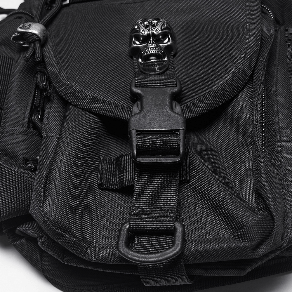 Close-up of gothic skull waist-leg bag with rivet detailing and metal buckle clasp.