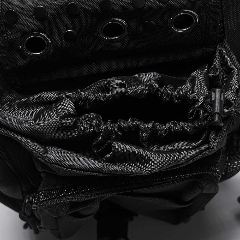 Gothic skull waist-leg bag interior showing adjustable drawstring and rivet detailing for punk style.