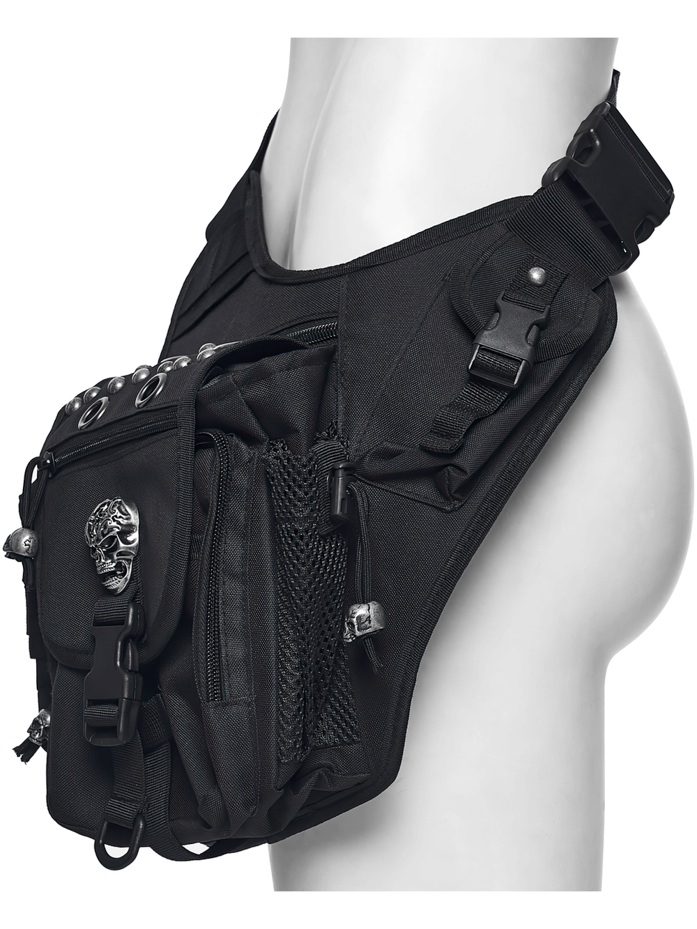 Gothic skull waist and leg bag with rivet detailing, black canvas and metal, ideal for punk and goth styles.