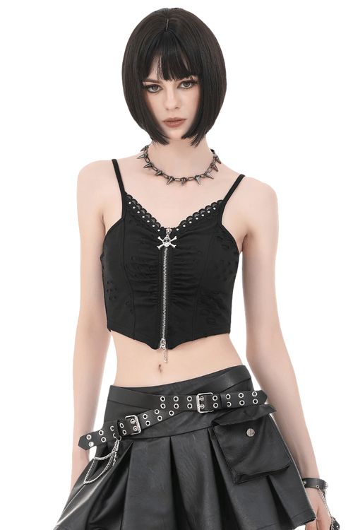 Gothic-Crop-Cami-Top mit Schädel-Reißverschluss und Raffung für Damen