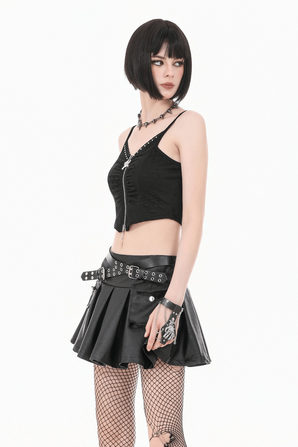 Gothic Skull Zip Ruched Crop Cami Top for Women