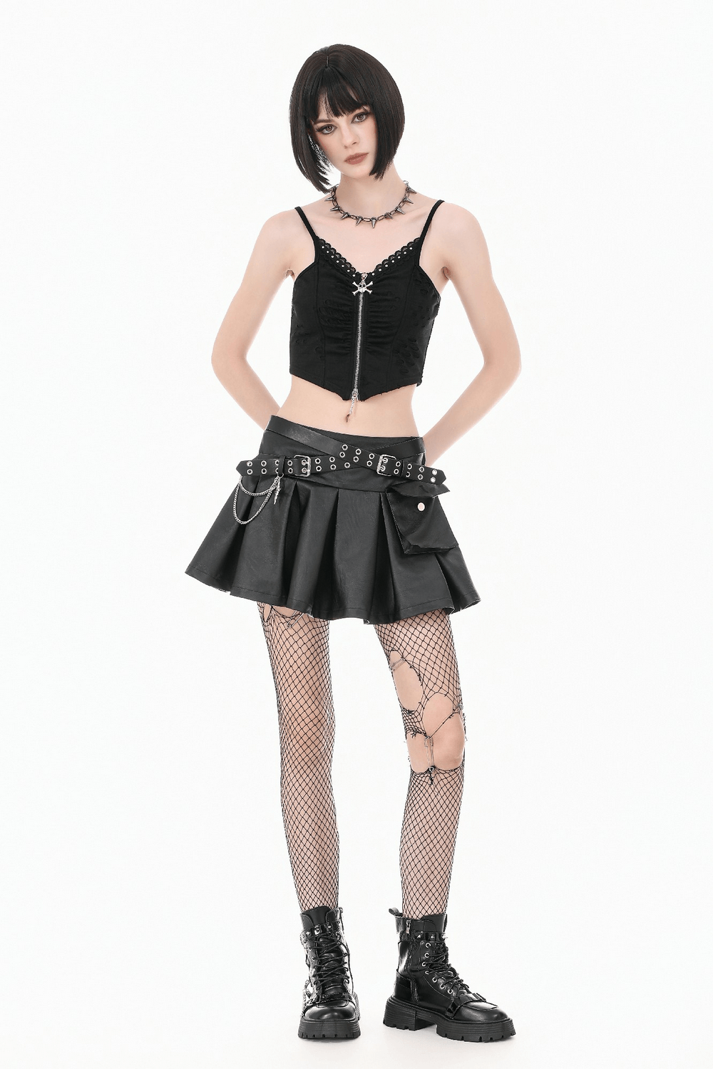 Gothic Skull Zip Ruched Crop Cami Top for Women