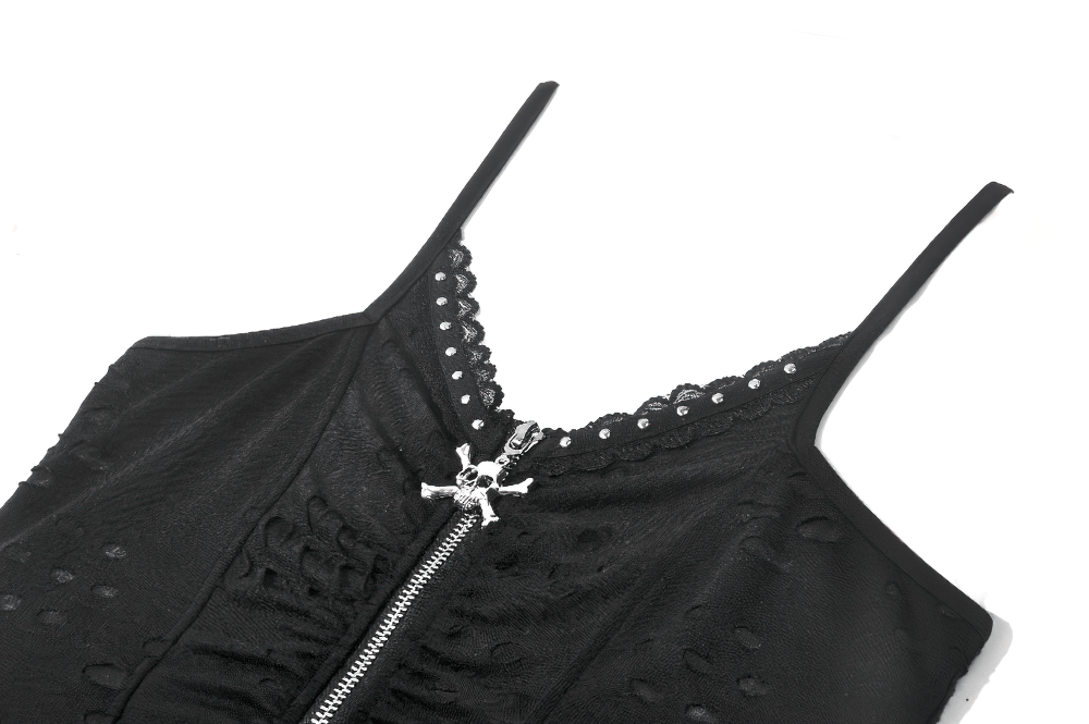 Gothic Skull Zip Ruched Crop Cami Top for Women