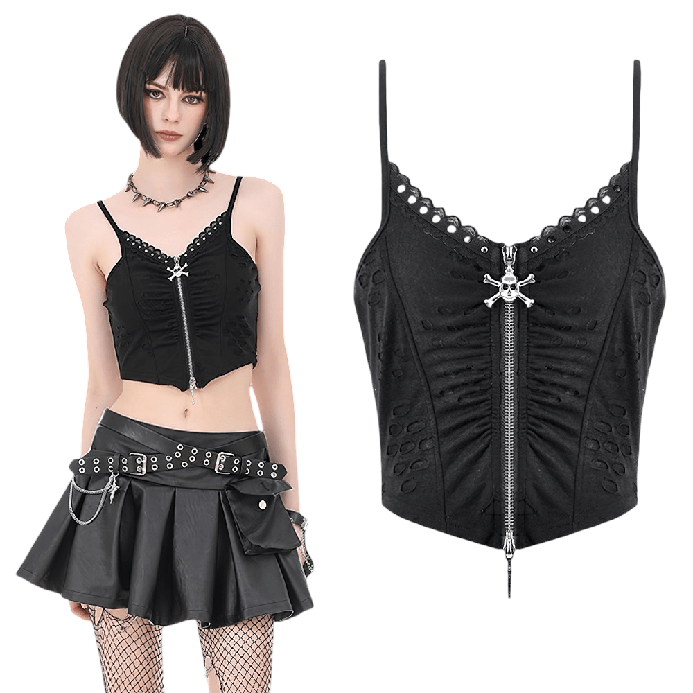 Gothic Skull Zip Ruched Crop Cami Top for Women