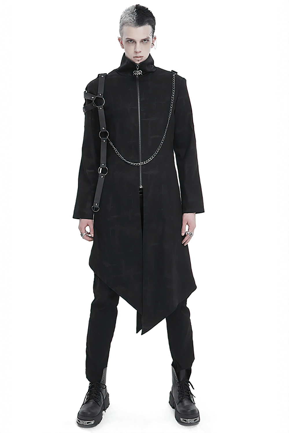 Gothic men's asymmetric coat with skull zipper and harness detail, showcasing dark elegance and avant-garde style.
