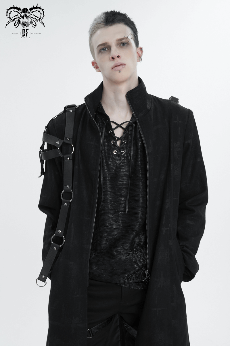 Model showcasing a gothic asymmetric coat with skull zipper and harness, exuding dark charm and stylish individuality.