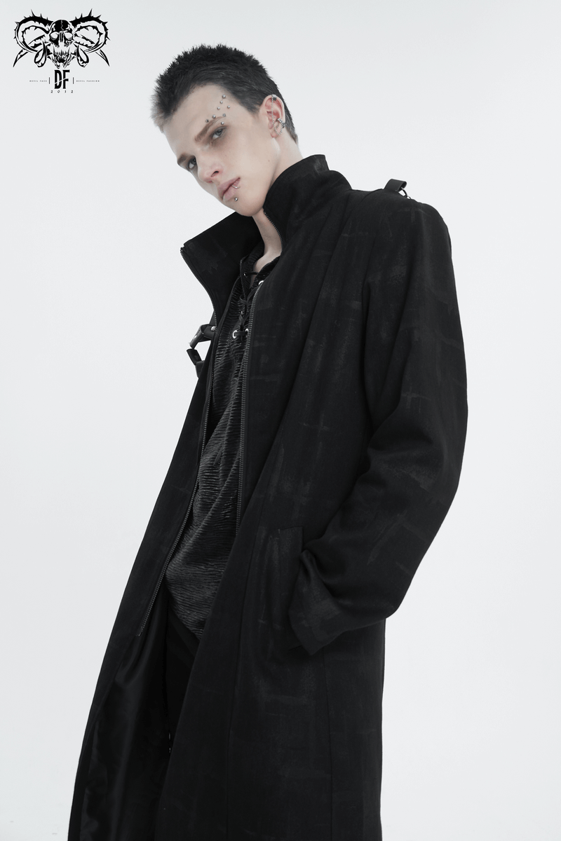 Gothic men's asymmetric coat with skull zipper and harness, featuring a stand collar for a stylish dark look.