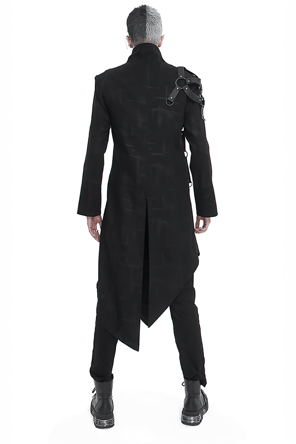 Men's Gothic Asymmetric Coat with skull zipper and harness, sleek black design, bold stand collar, and unique back view.