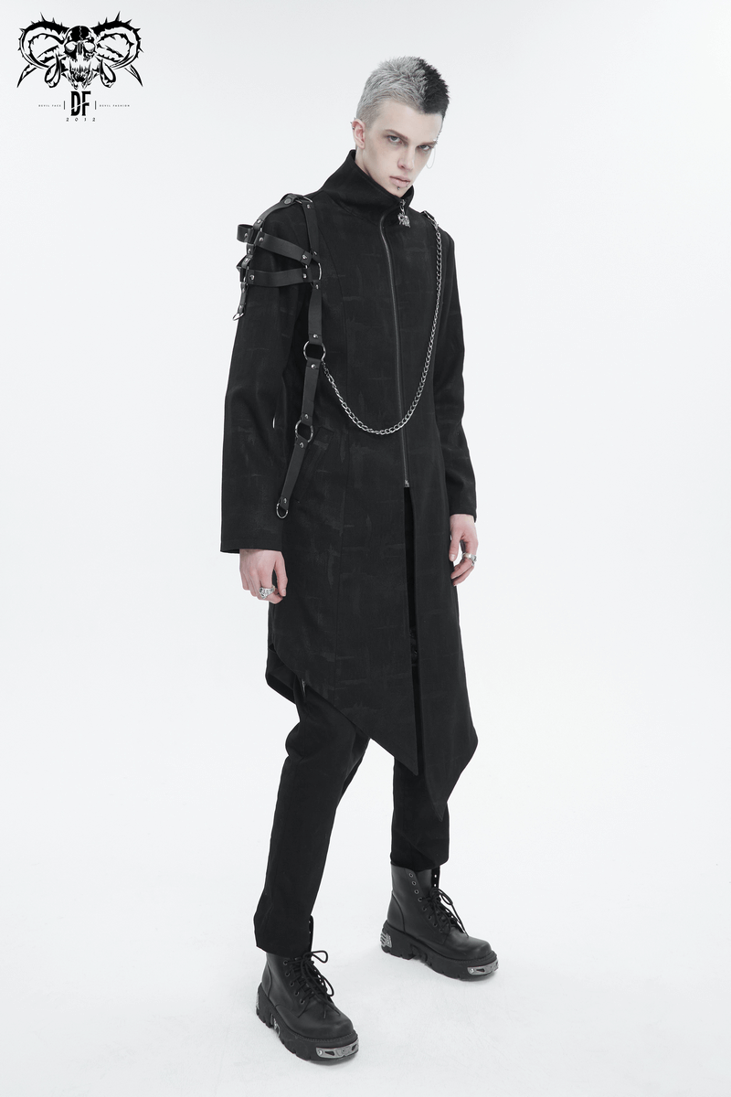 Gothic skull zipper asymmetric coat with harness worn by model, showcasing dark elegance and unique design.