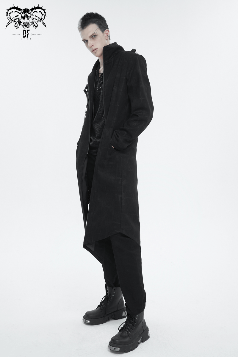 Men's Gothic Asymmetric Coat featuring skull zipper and stand collar for a bold, stylish look.