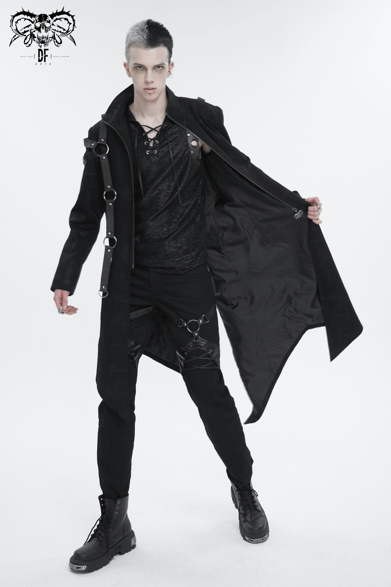 Men's Gothic Asymmetric Coat with skull zipper and harness detail, showcasing unique dark style and avant-garde fashion.