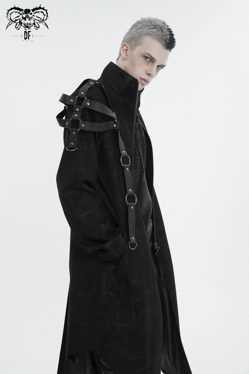 Model showcasing Gothic Skull Zipper Asymmetric Coat with harness, featuring a stand collar and bold design.