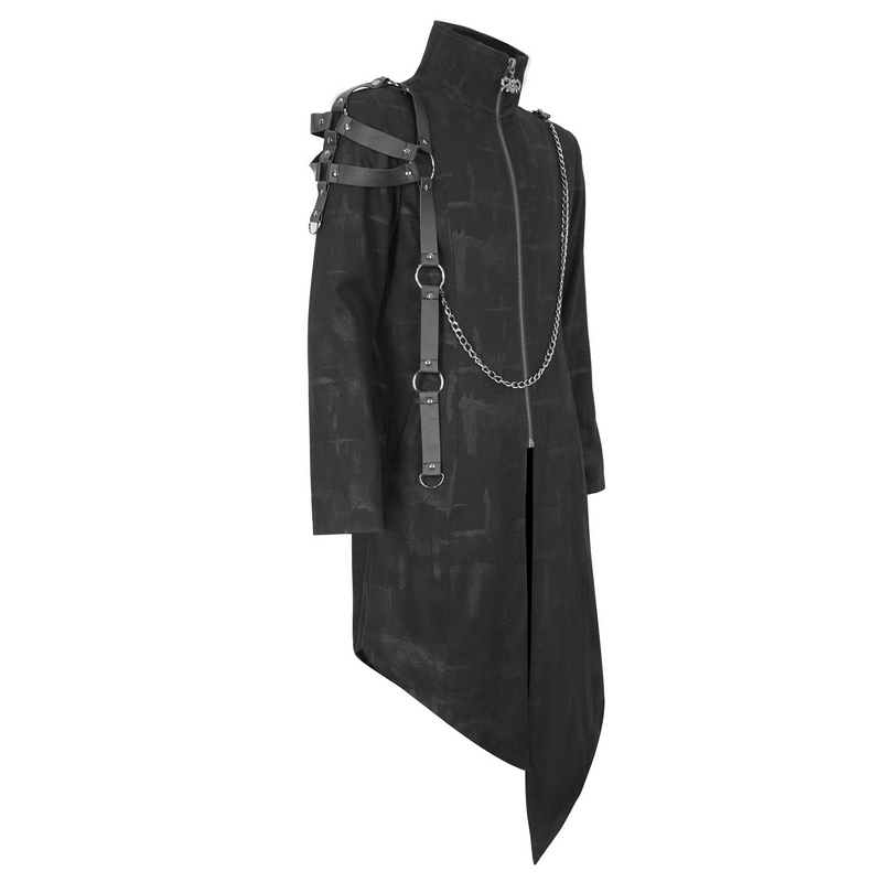 Gothic asymmetric coat with skull zipper, harness details, and stand collar for men's edgy fashion.