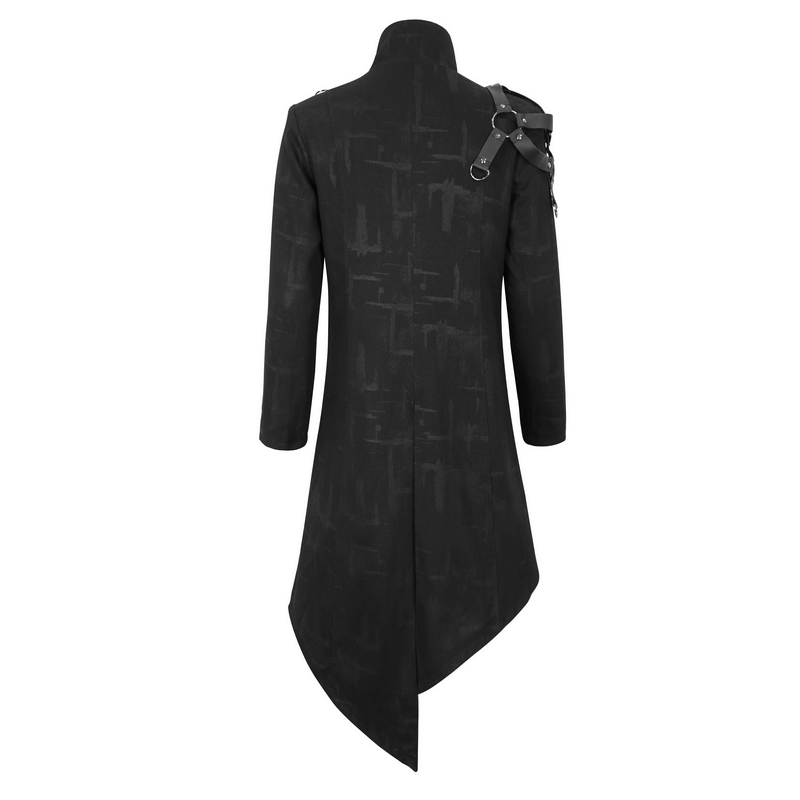 Back view of gothic asymmetric men's coat with harness, showcasing unique design and stand collar.