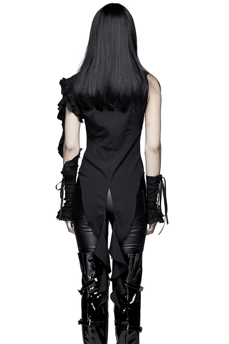 Back view of a gothic sleeveless black blouse with wavy ruffles and lace details, paired with shiny black pants.