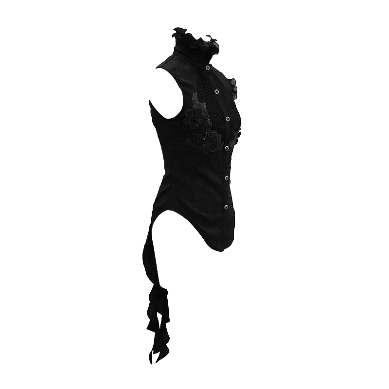 Gothic sleeveless black blouse featuring floral embroidery and wavy ruffles, perfect for a creative wardrobe.