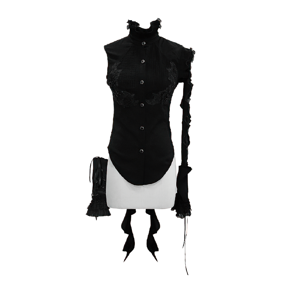 Gothic sleeveless black blouse with floral embroidery and wavy ruffles, perfect for a creative and stylish look.