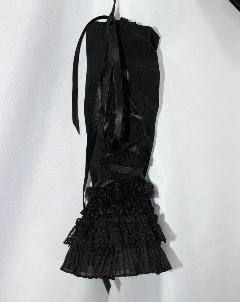 Gothic black blouse sleeve with floral lace trim and ties, ideal for a stylish, creative look in women's fashion.