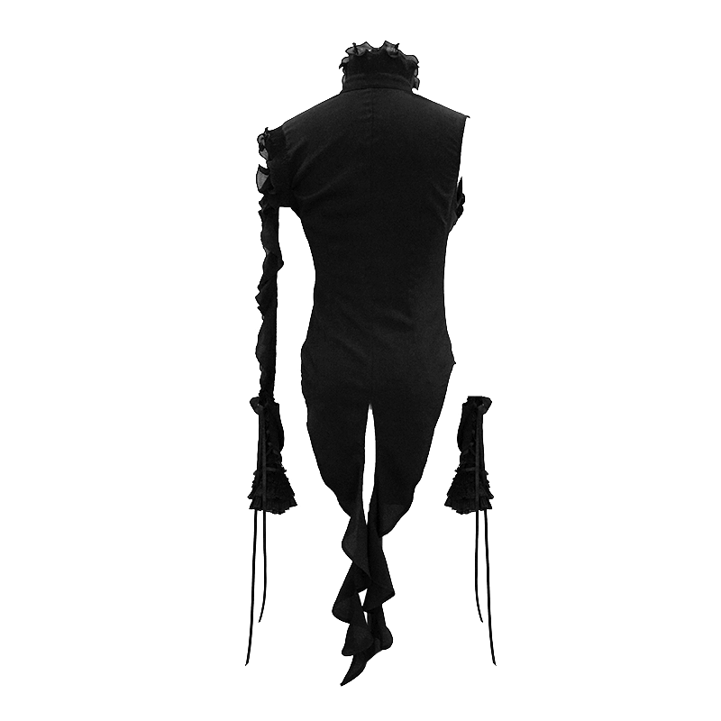 Gothic sleeveless black blouse showcasing floral embroidery and wavy ruffles on a mannequin's back.