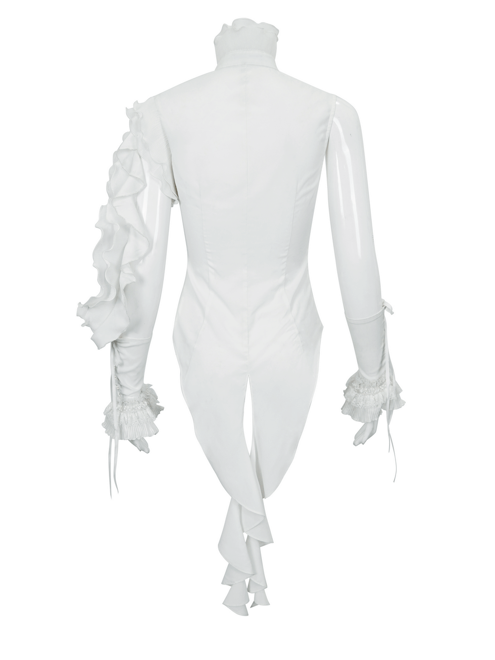 Back view of a women's gothic white blouse with wavy ruffles and vintage buttons, perfect for a unique wardrobe.
