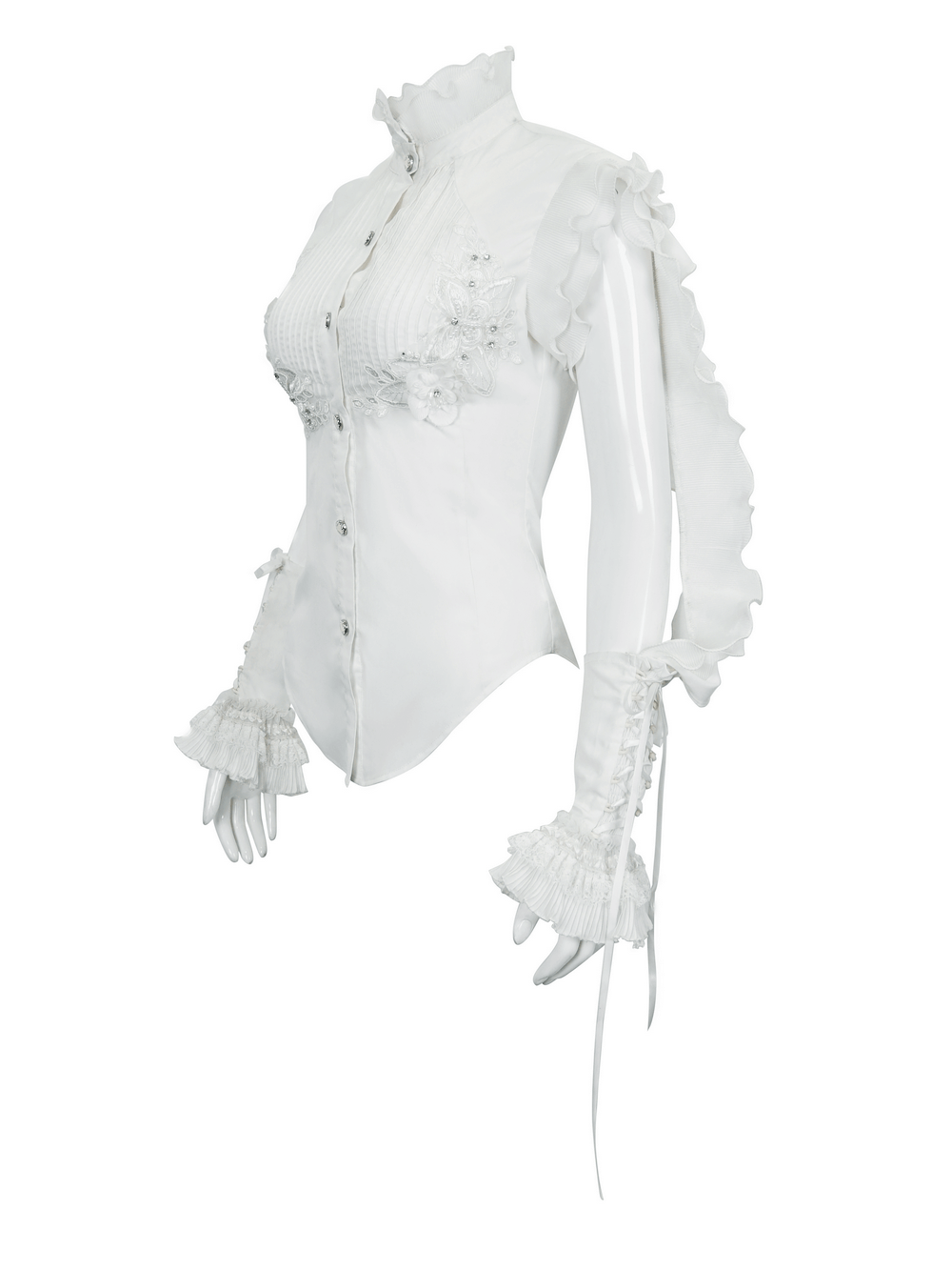 Gothic women's white blouse with wavy ruffles and floral embroidery, stylish vintage buttons, perfect for unique wardrobes.