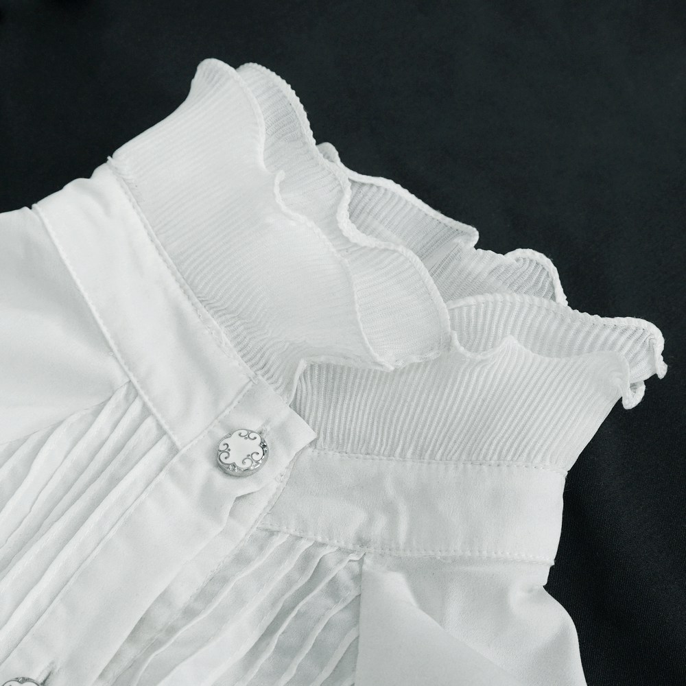 Close-up of gothic women's white blouse collar with wavy ruffles and vintage buttons. Perfect for a stylish gothic wardrobe.