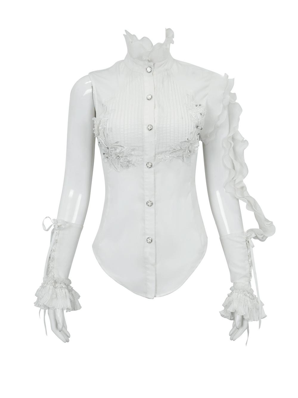 Gothic sleeveless white blouse with wavy ruffles and floral embroidery, perfect for unique women's fashion.