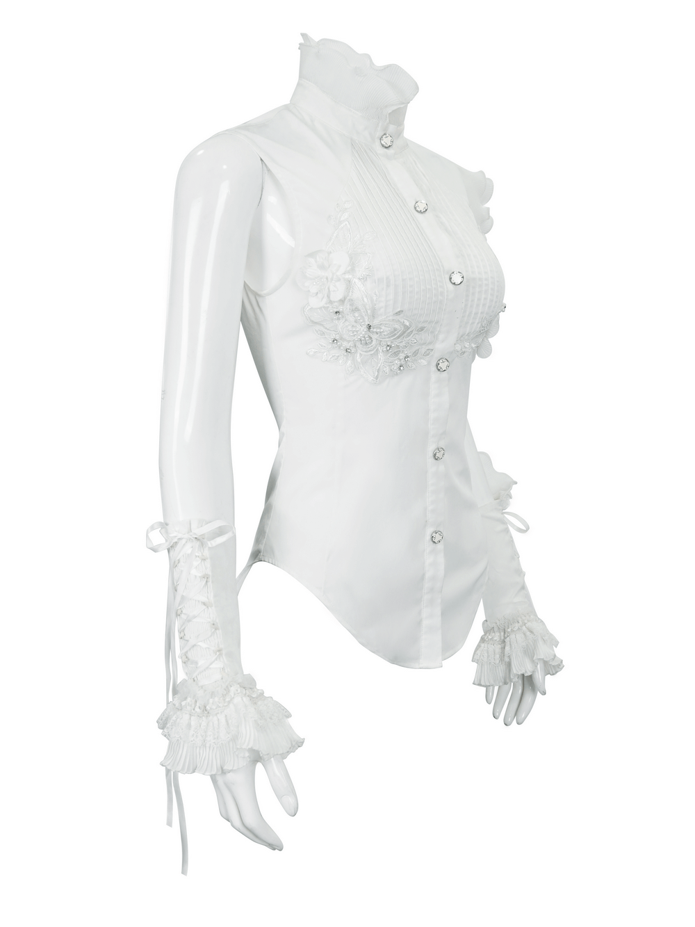 Gothic sleeveless white blouse with wavy ruffles and floral embroidery, stylish vintage buttons and romantic design.