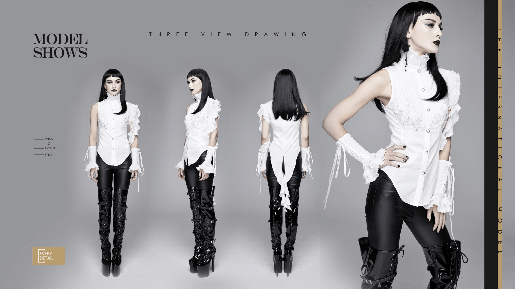Three views of a gothic sleeveless white blouse with wavy ruffles and vintage buttons, styled with fitted black pants.