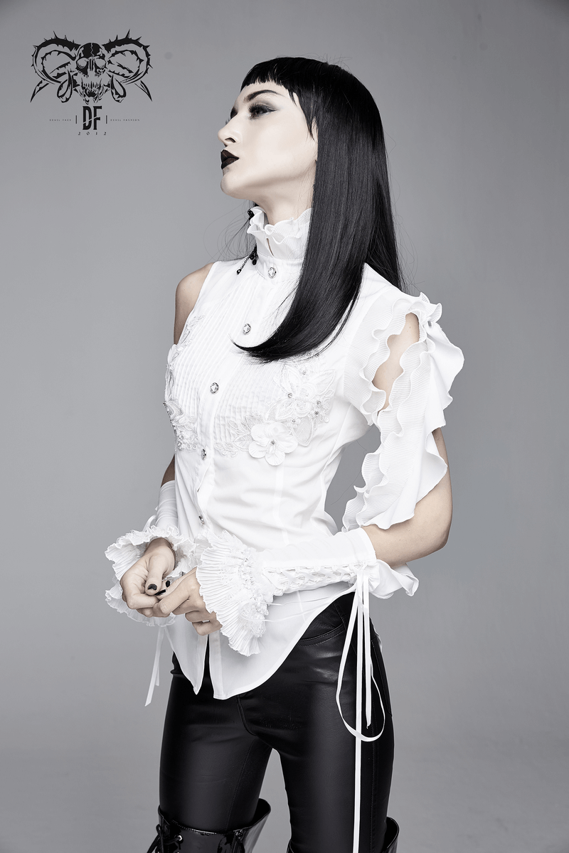 Gothic sleeveless white blouse with wavy ruffles and floral embroidery, perfect for a unique style boost.