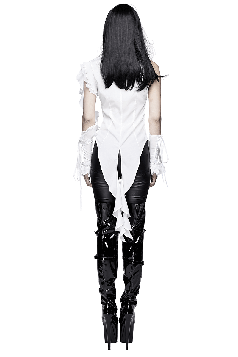 Gothic Sleeveless Blouse with Wavy Ruffles / Women's White Blouse with Floral Embroidery - HARD'N'HEAVY