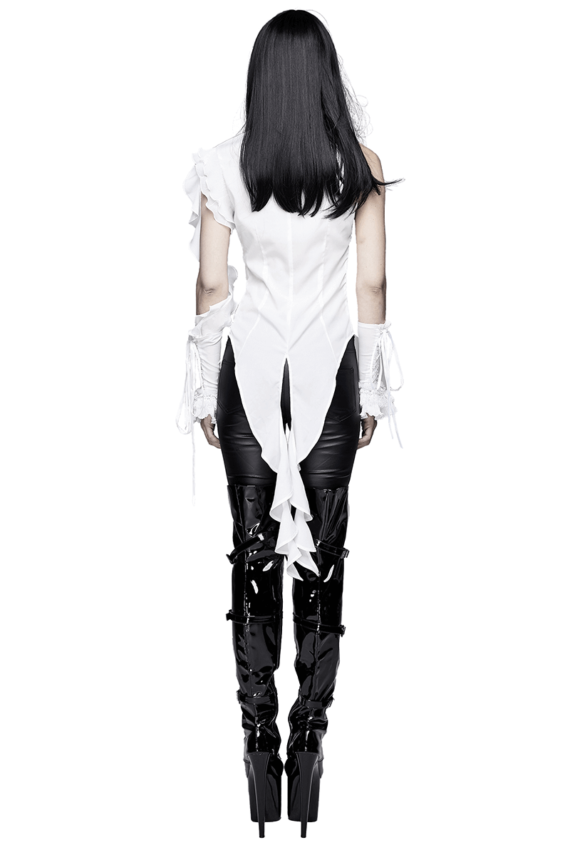 Back view of a gothic white sleeveless blouse with wavy ruffles paired with shiny black leggings.