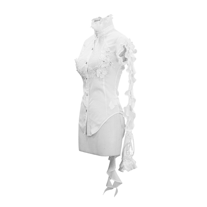 Gothic sleeveless white blouse with wavy ruffles and floral embroidery, perfect for a stylish gothic wardrobe.