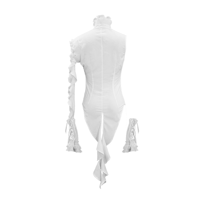 Gothic women's sleeveless white blouse with wavy ruffles and vintage buttons, perfect for a unique wardrobe.