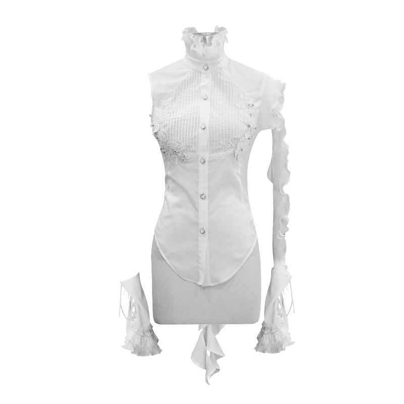 Gothic sleeveless white blouse with wavy ruffles and floral embroidery, featuring vintage buttons and unique design.