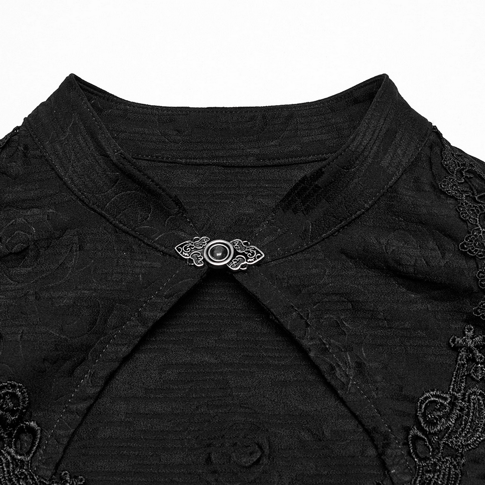 Close-up of gothic sleeveless cheongsam dress collar with lace details and decorative clasp.