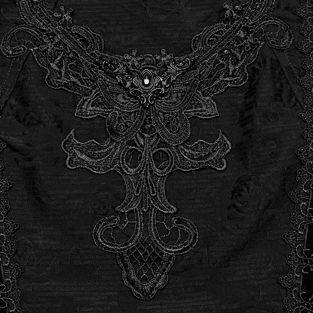 Intricate black lace detailing on a gothic cheongsam dress, showcasing elegance and dark beauty.