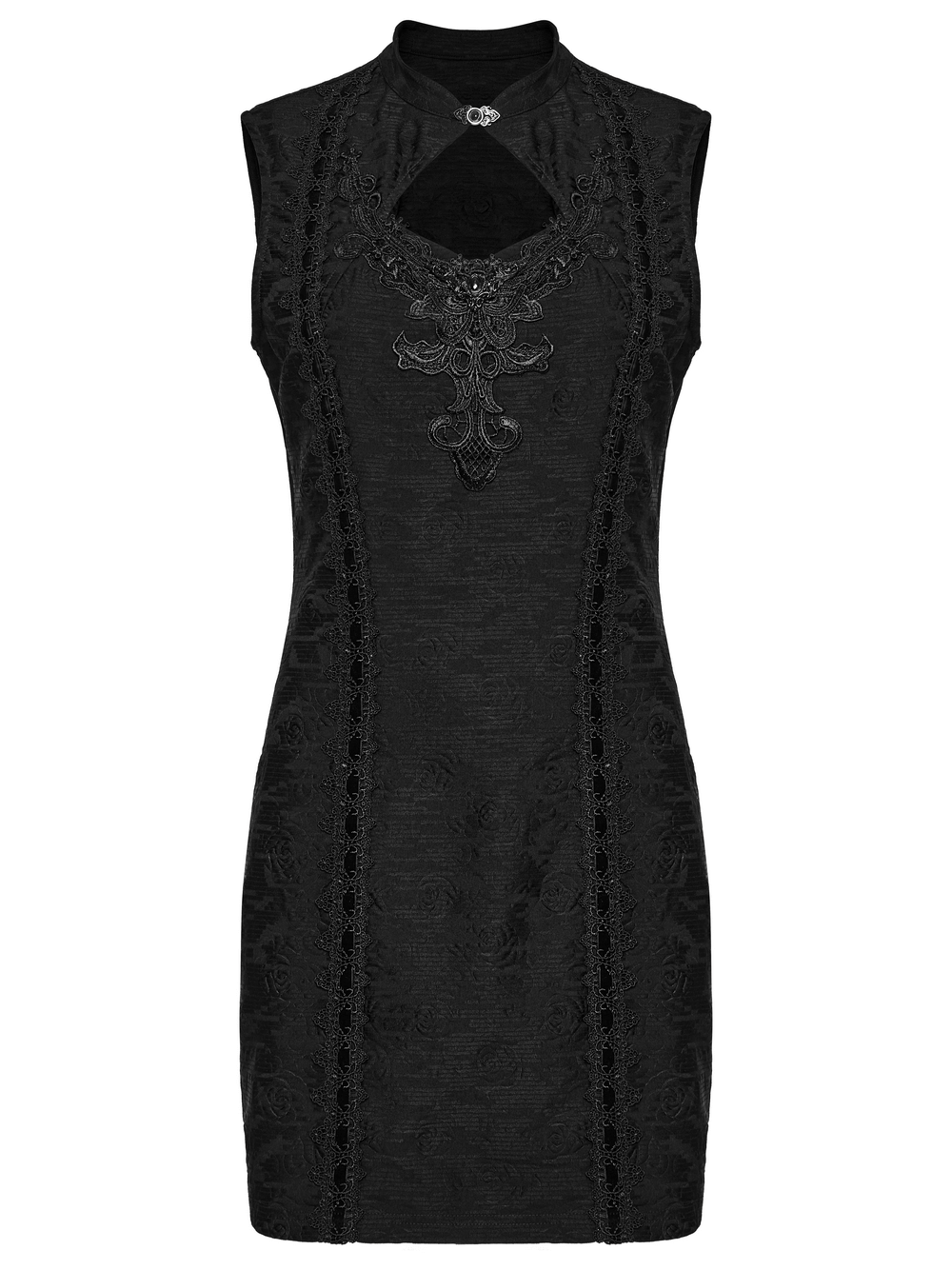 Gothic sleeveless cheongsam dress with hollow cutout, lace detailing, and fitted silhouette.