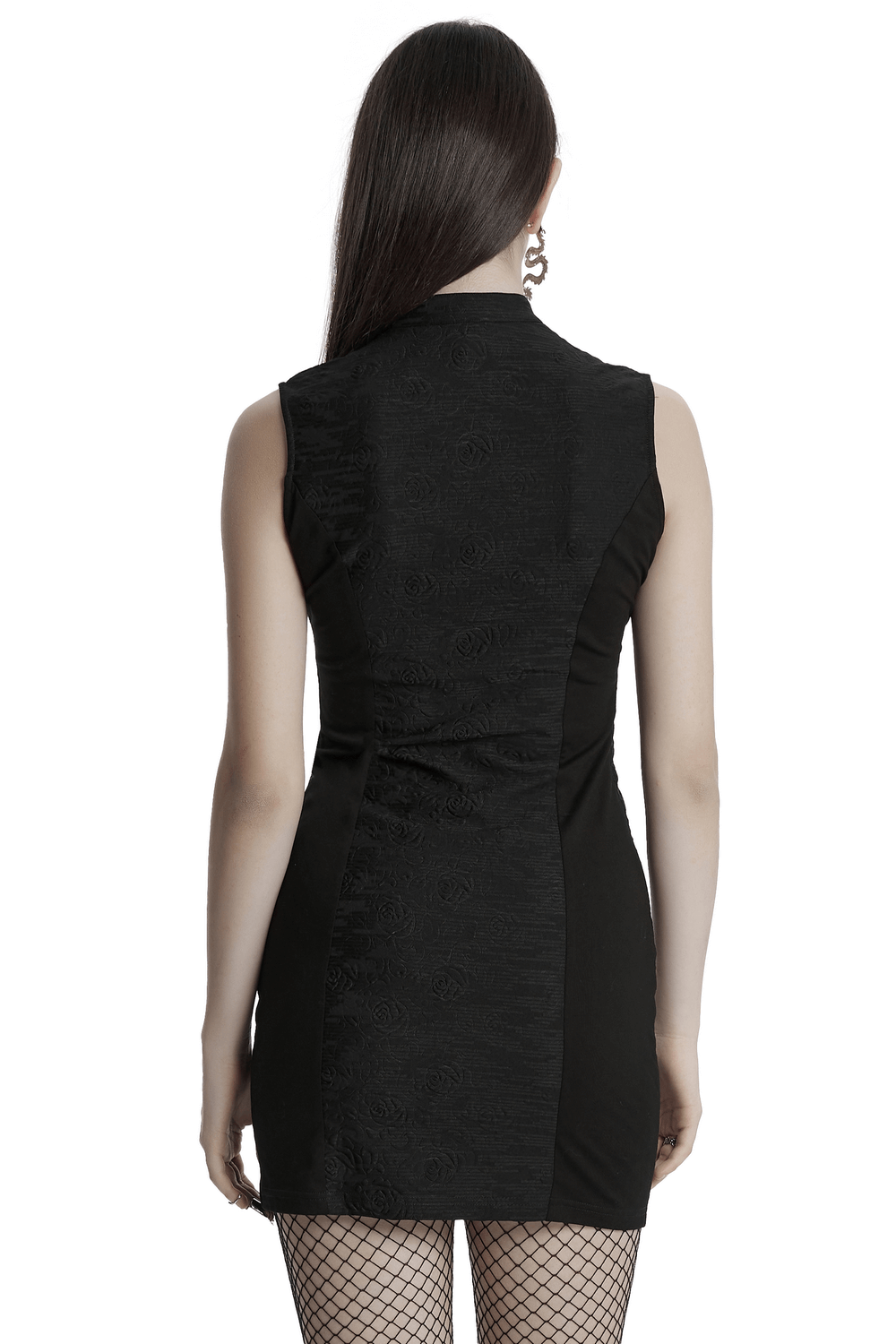 Back view of a Gothic sleeveless cheongsam dress with rose-patterned fabric and elegant lace detailing.